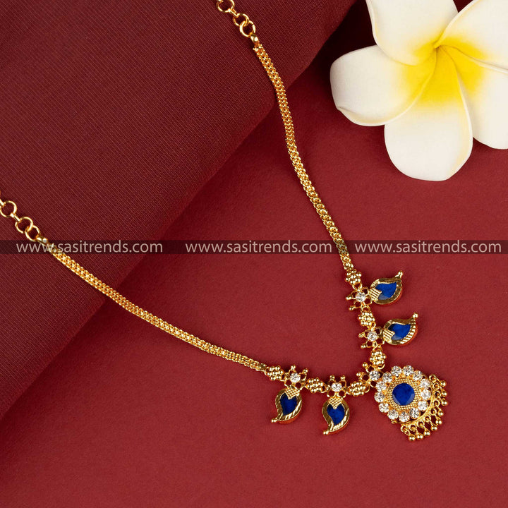 Traditional Micro Gold Plated Blue Palakka Mango Necklace - 2 Petal Design