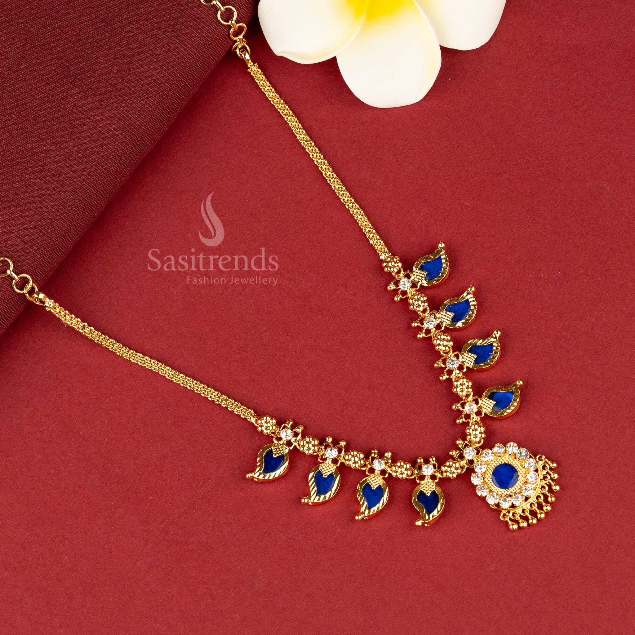 Ornate necklace with four blue palakka petals in a classic floral mango design - Sasitrends