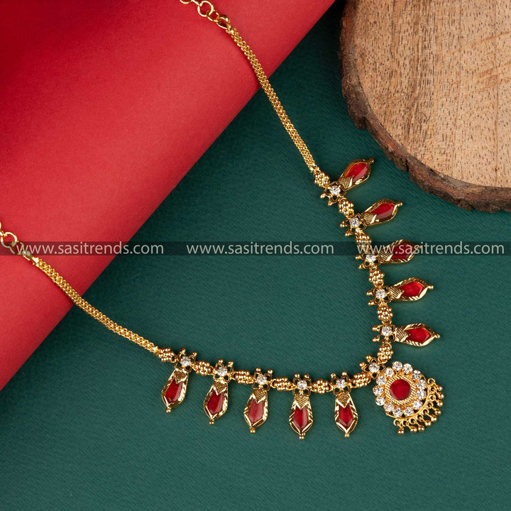 Traditional 1 Gram Micro Gold Plated Red Palakka Nagapadam Necklace - Sasitrends - Sasitrends