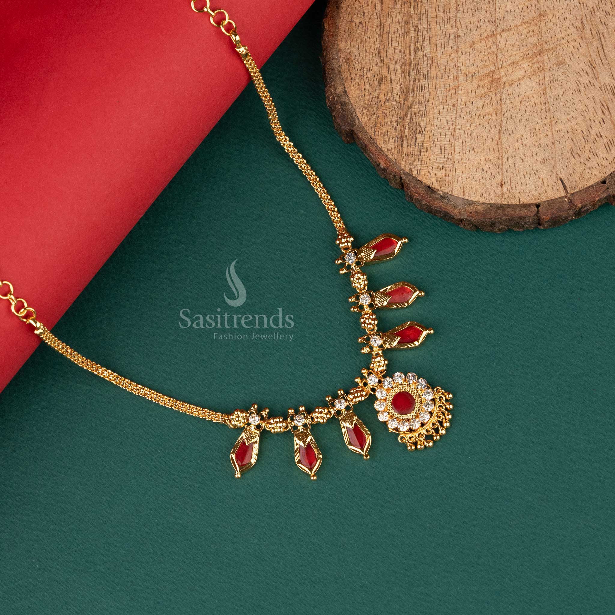 Graceful Nagapadam necklace with three red palakka petals - Sasitrends