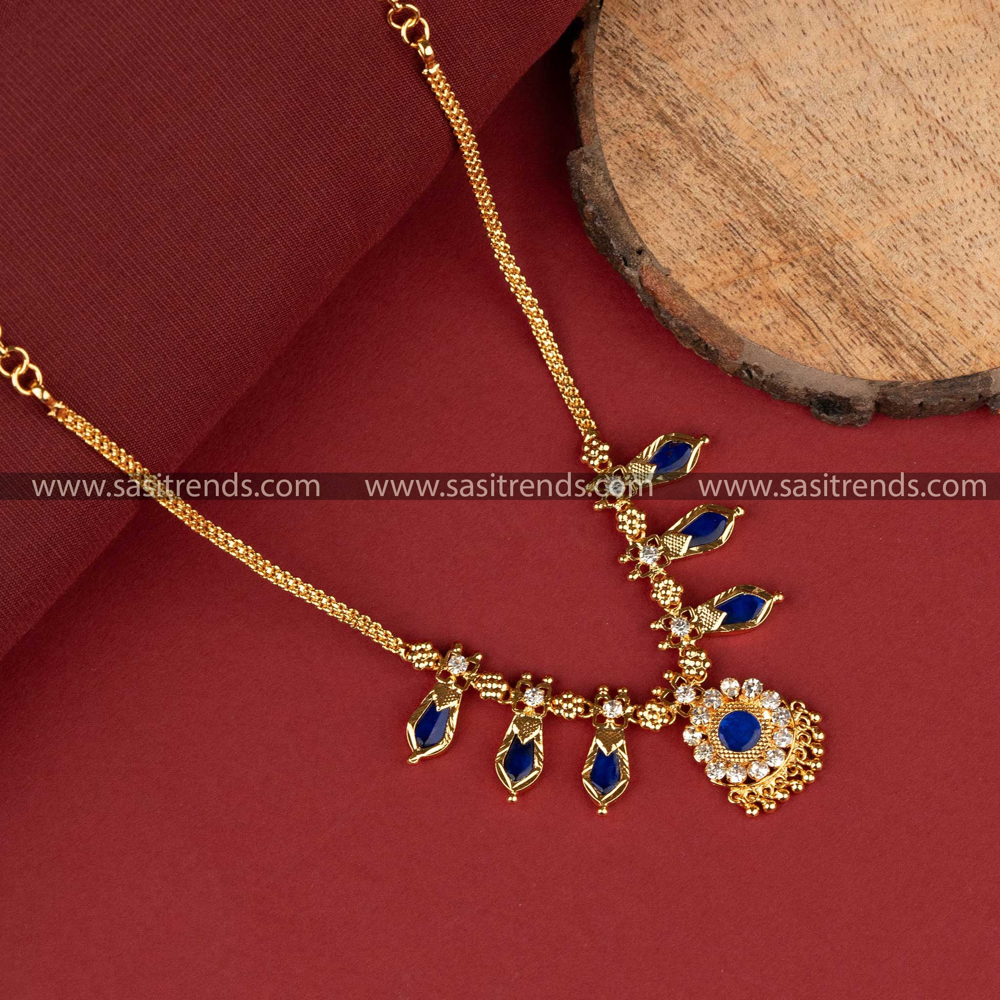 Elegant Blue Palakka Nagapadam Necklace Three Petals in Micro Gold Plating