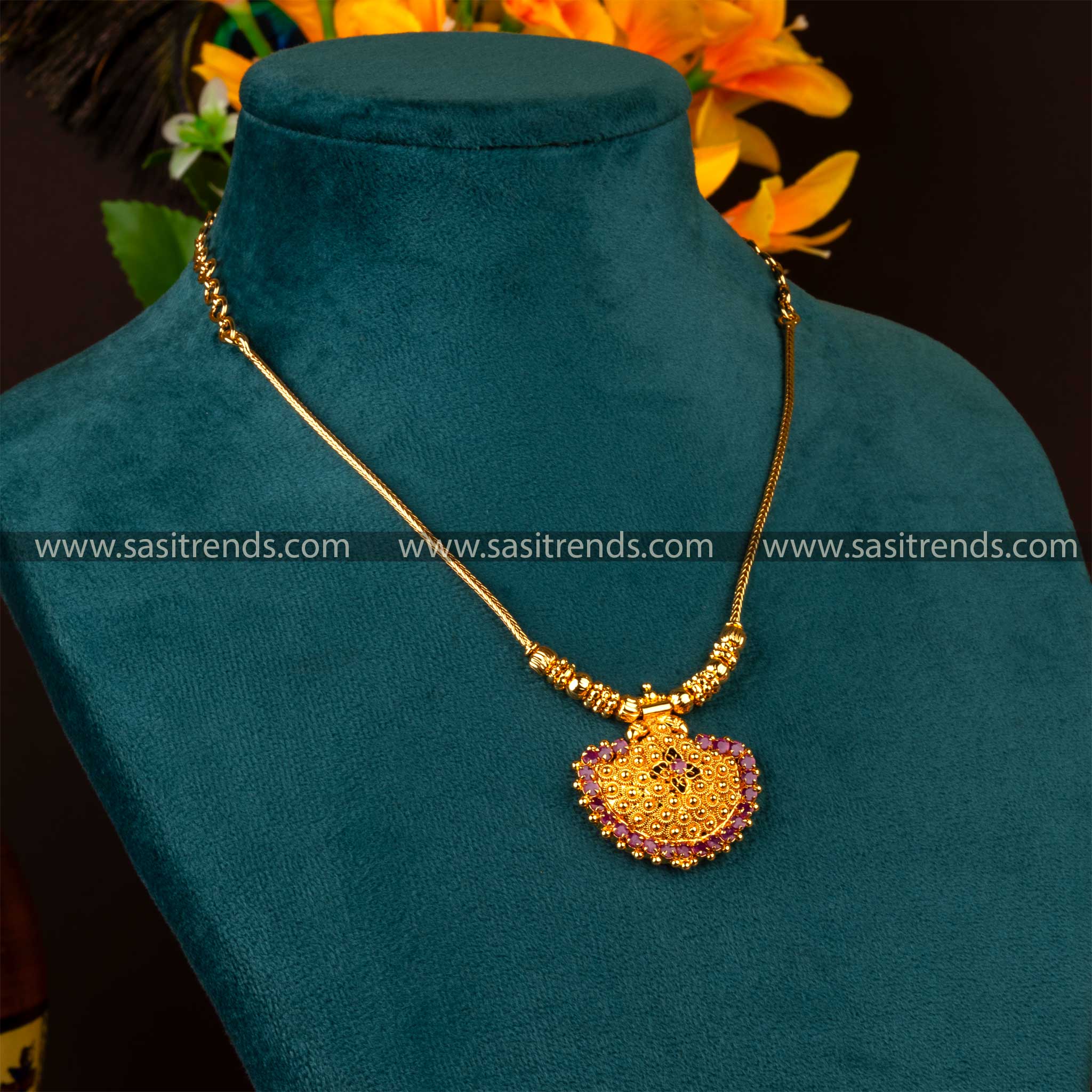 One Gram Gold-Plated Pendant Chain Necklace with Ruby AD Stones