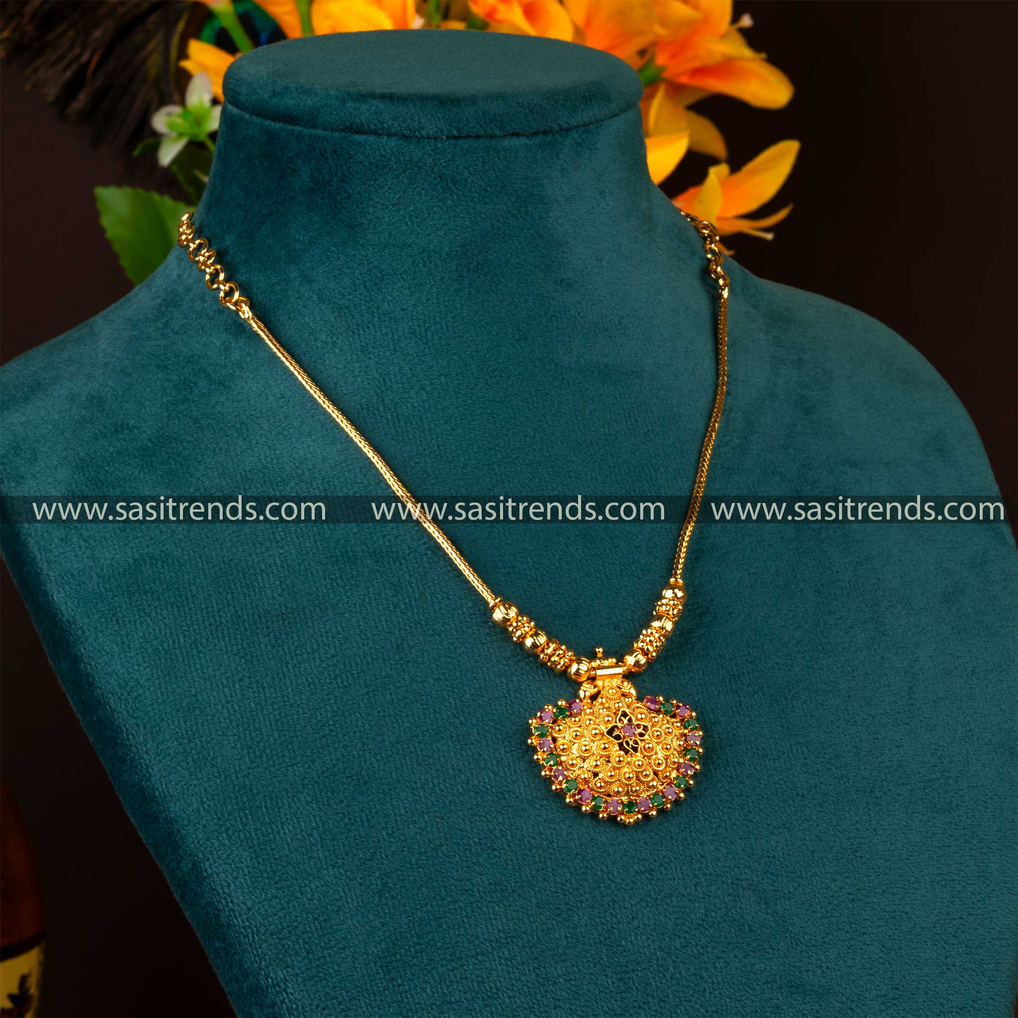 One Gram Gold-Plated Pendant Chain Necklace with Ruby-Green AD Stones Sasitrends