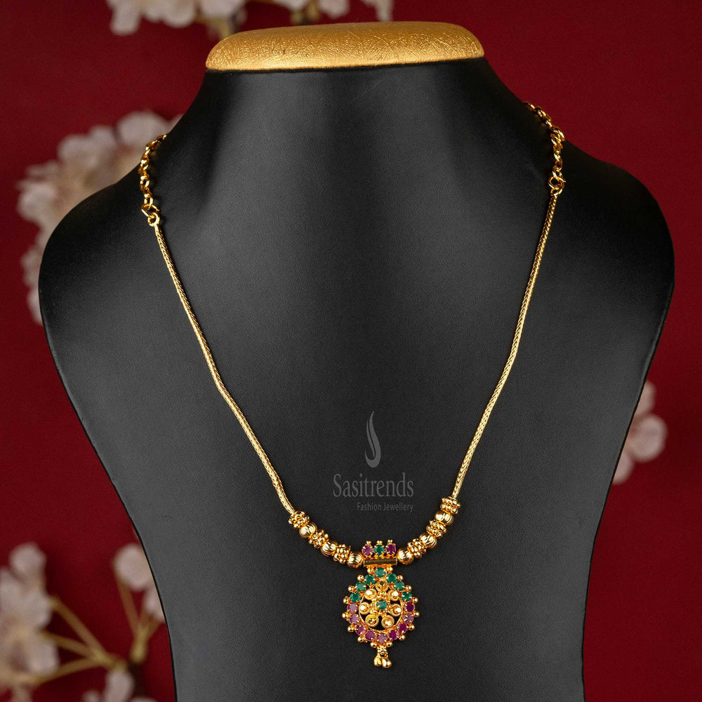 Sasitrends - Traditional Micro Gold-Plated Round Pendant Necklace with Golden Balls and AD Stone Studded Pendant - Sasitrends