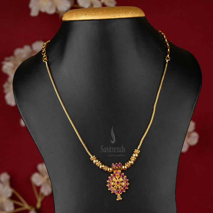 Sasitrends - Traditional Micro Gold-Plated Round Pendant Necklace with Golden Balls and AD Stone Studded Pendant