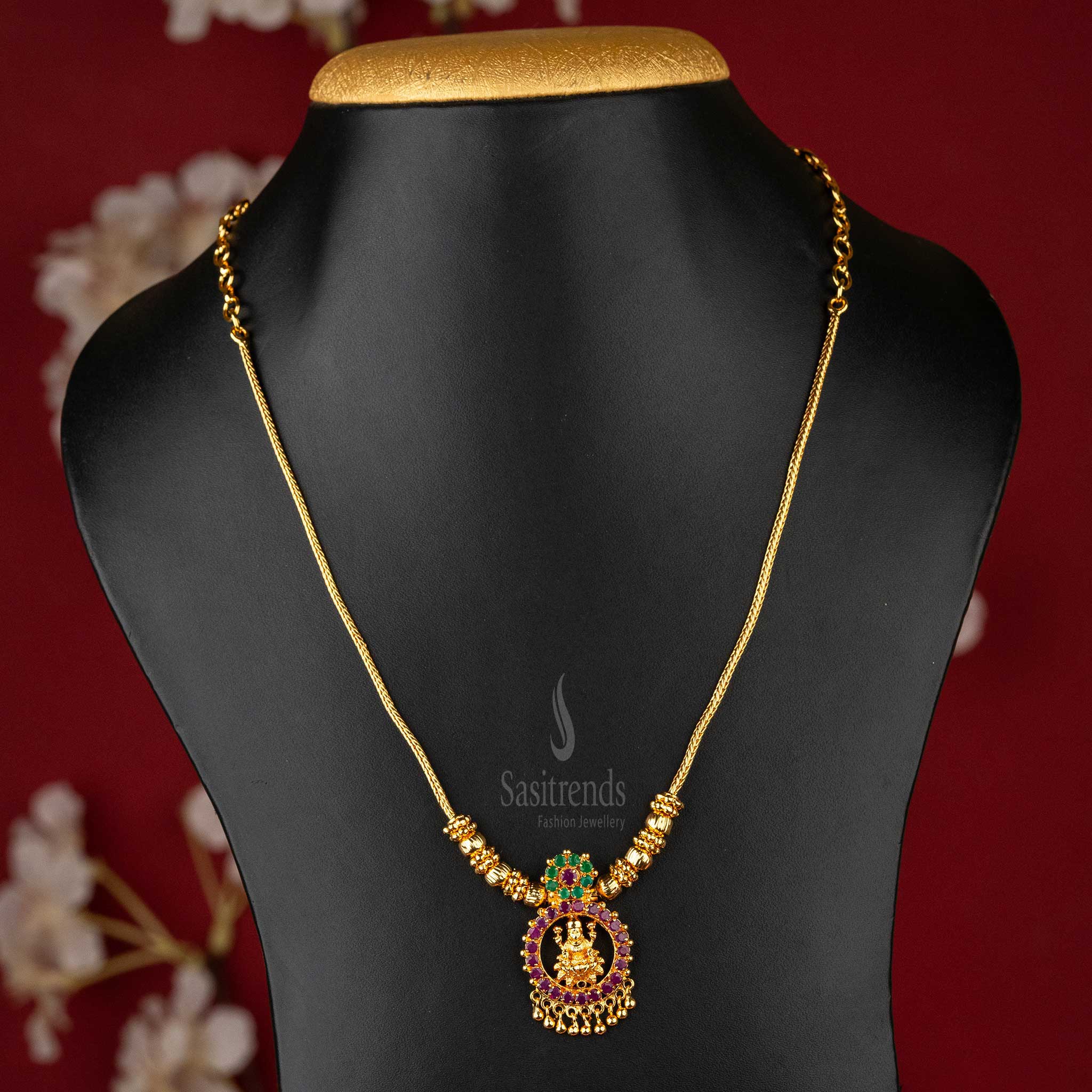 Traditional Kerala Necklace Lakshmi Round Frame with Ruby-Green AD Stones