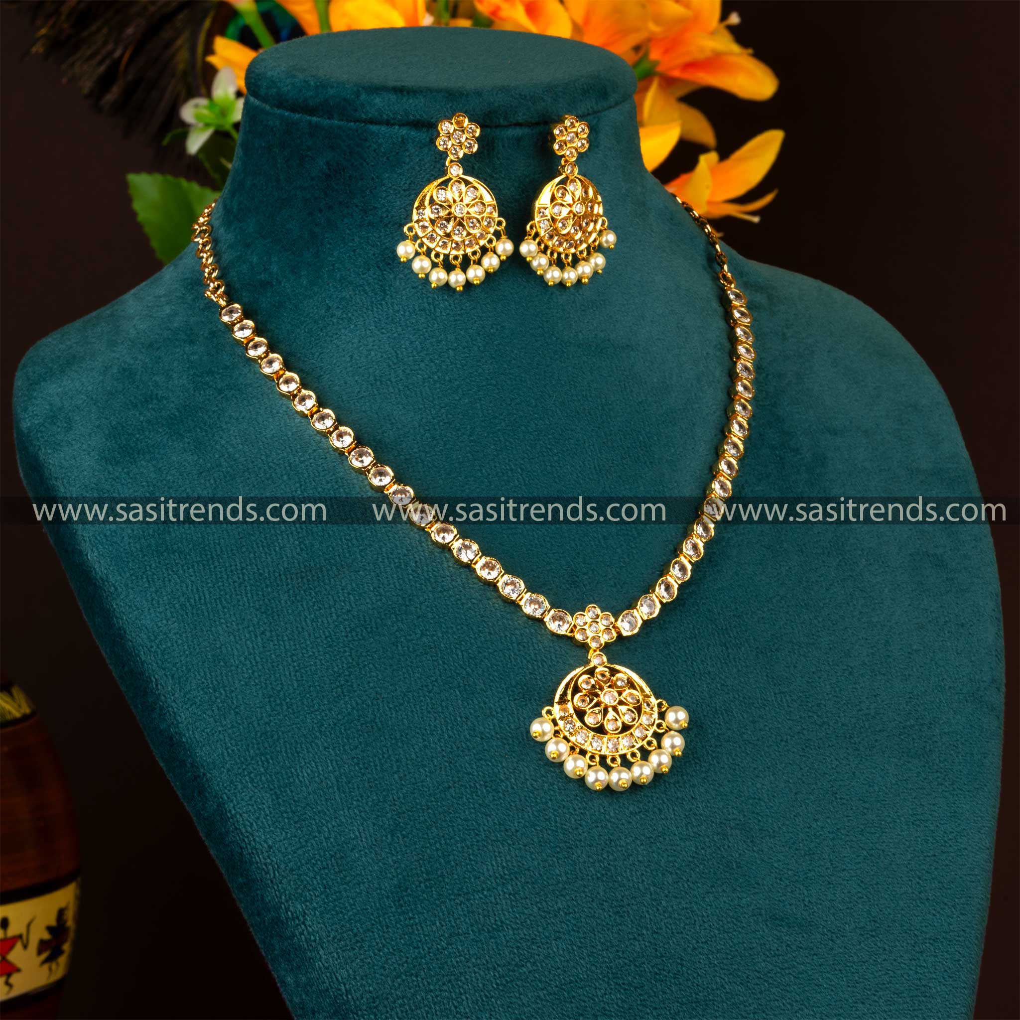 Sasitrends - 1 Gram Micro Gold Plated Attigai Jewellery Set with Pearl Hangings - Sasitrends