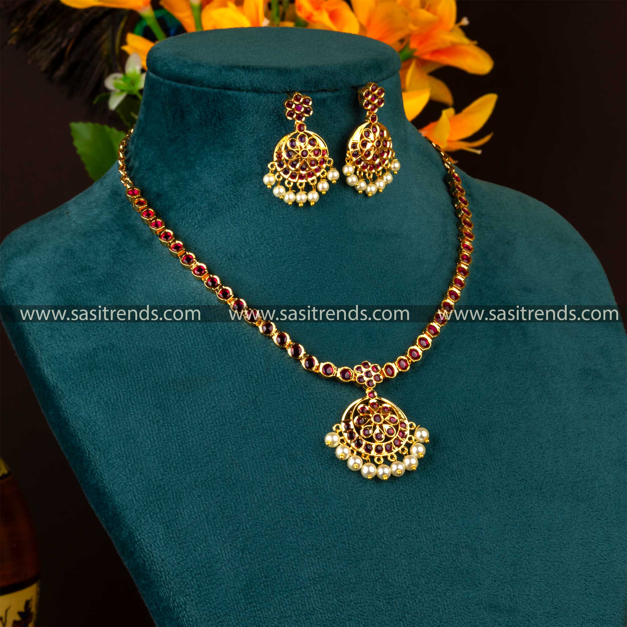 Sasitrends - 1 Gram Micro Gold Plated Attigai Jewellery Set with Pearl Hangings - Sasitrends