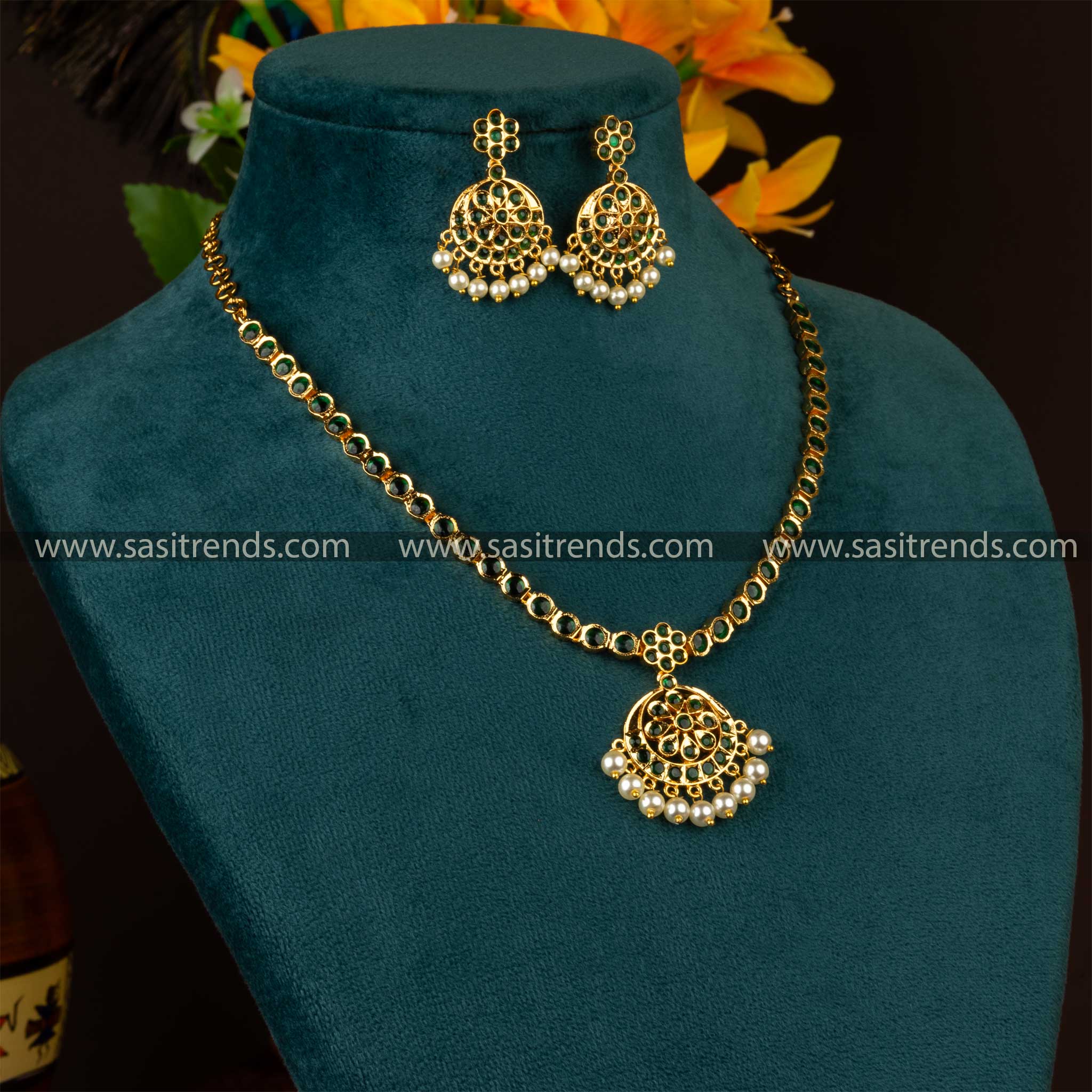 Sasitrends - 1 Gram Micro Gold Plated Attigai Jewellery Set with Pearl Hangings - Sasitrends