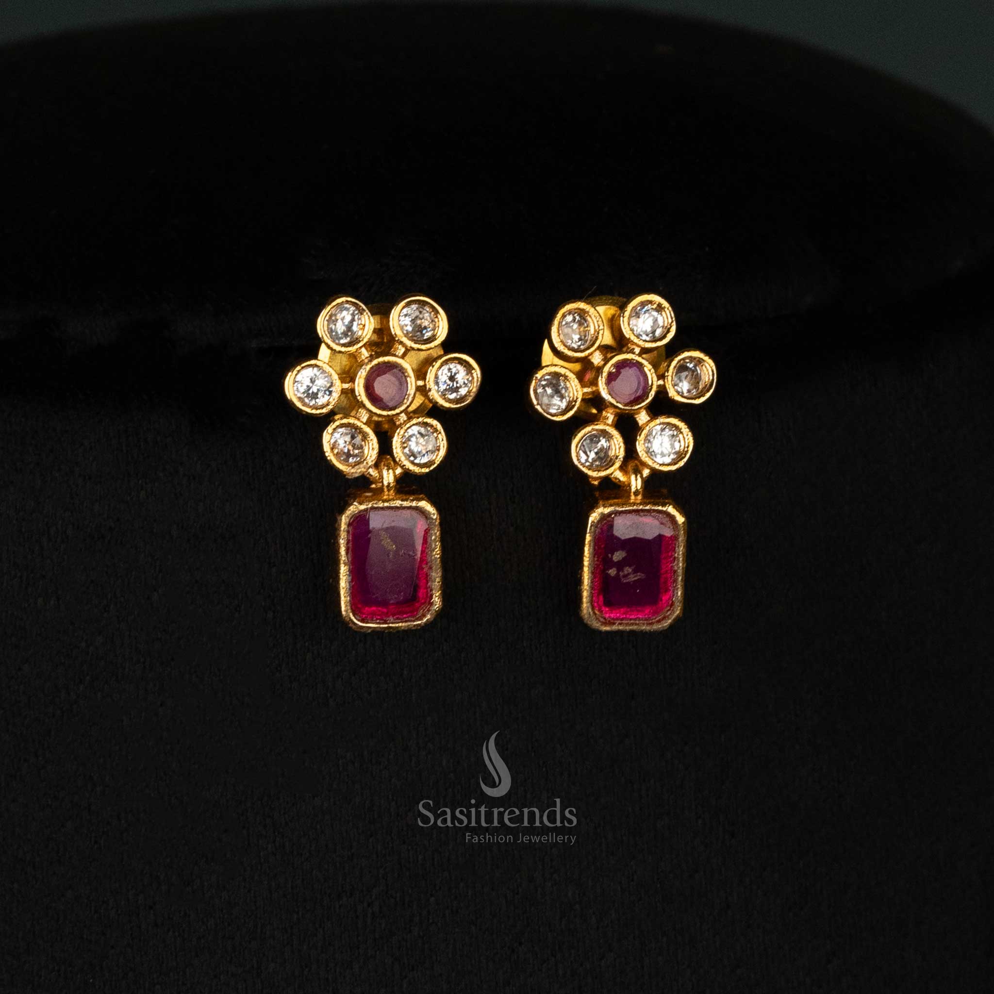 Ethereal matte gold plated earrings set adorned with multi-color gemstones and an elegant flower and rectangular motif - Sasitrends