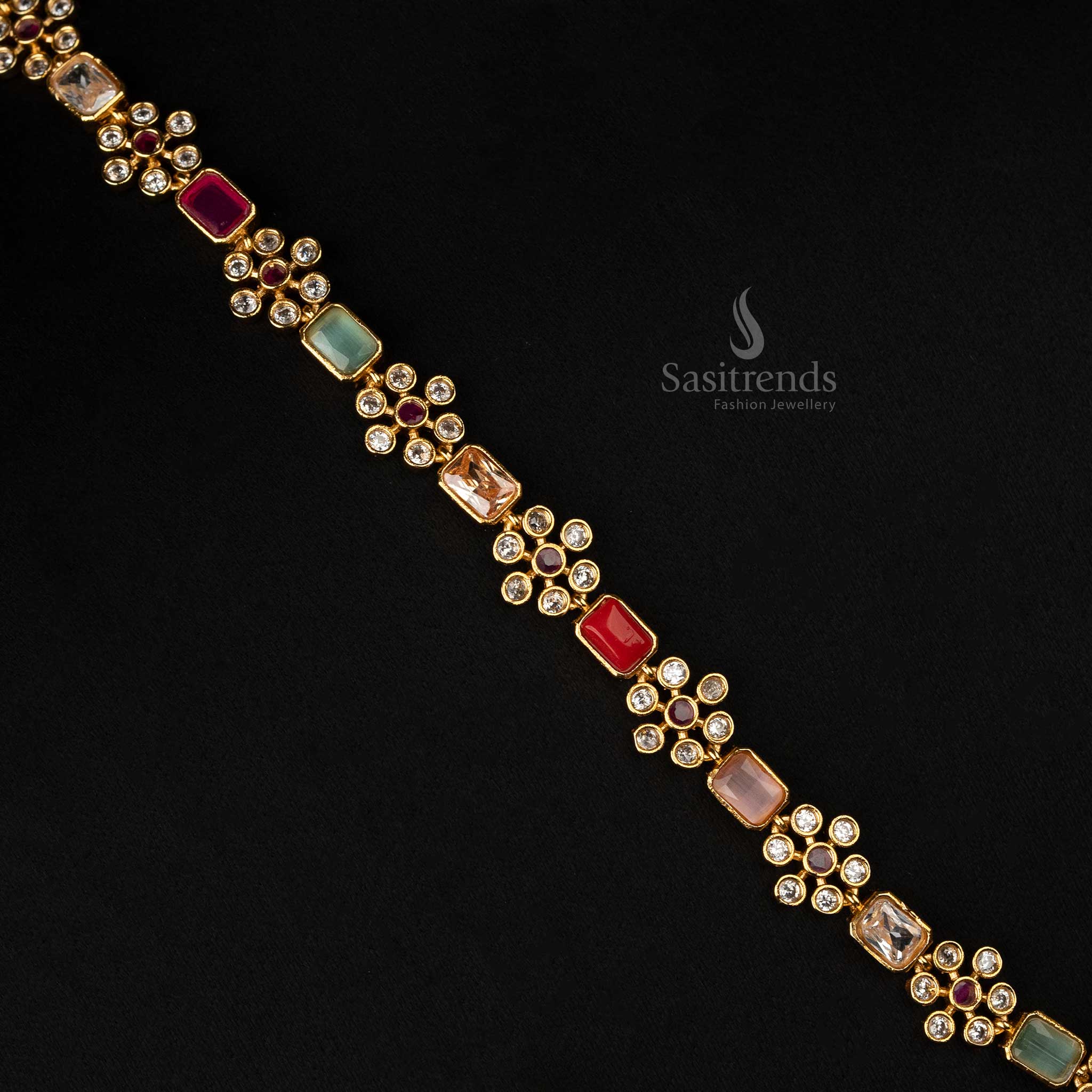 Charming matte gold flower and rectangular pattern long jewellery with colorful stones, perfect for special occasions - Sasitrends