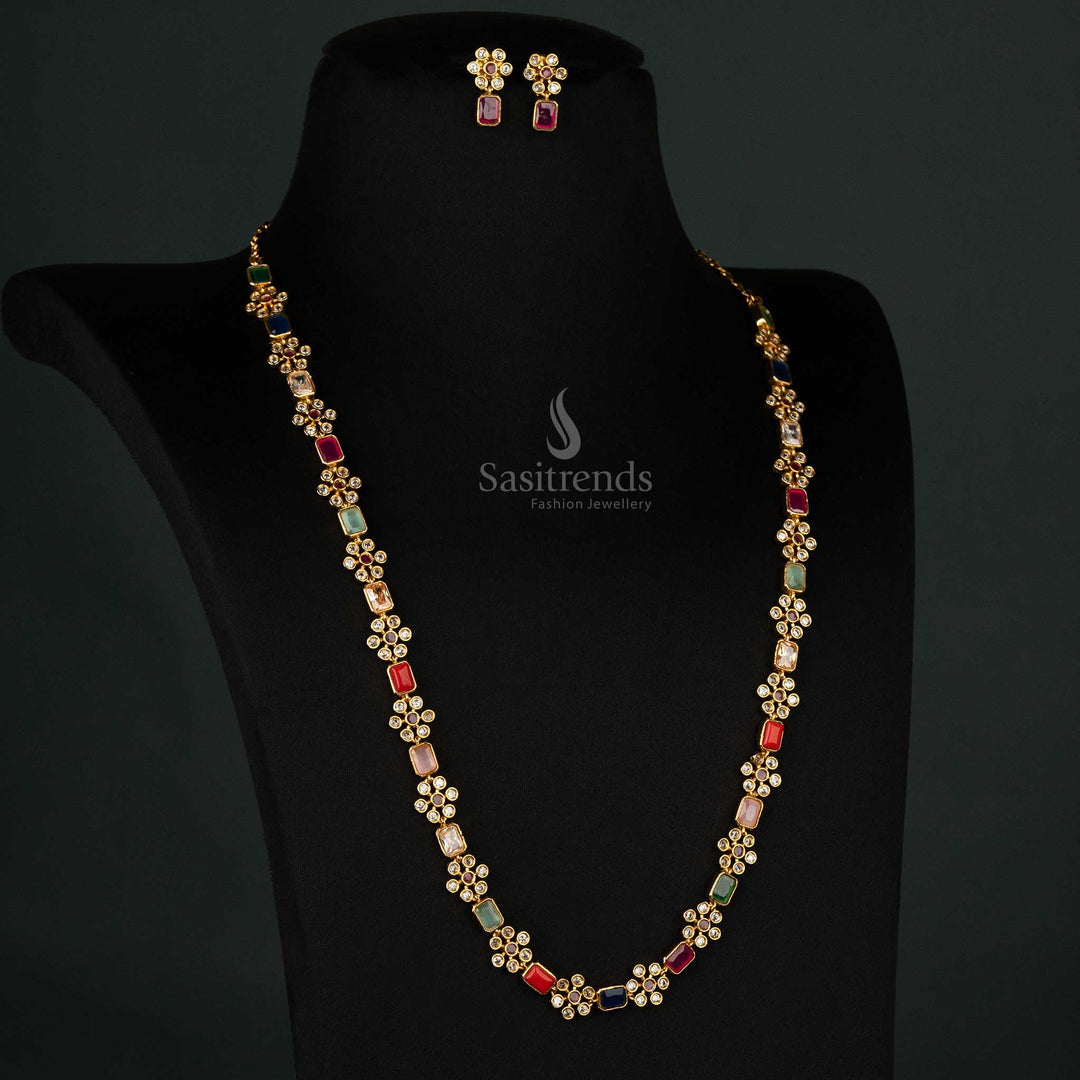 Enchanting matte gold plated long jewellery set with vibrant multi-color stones and a delicate rectangular floral design - Sasitrends