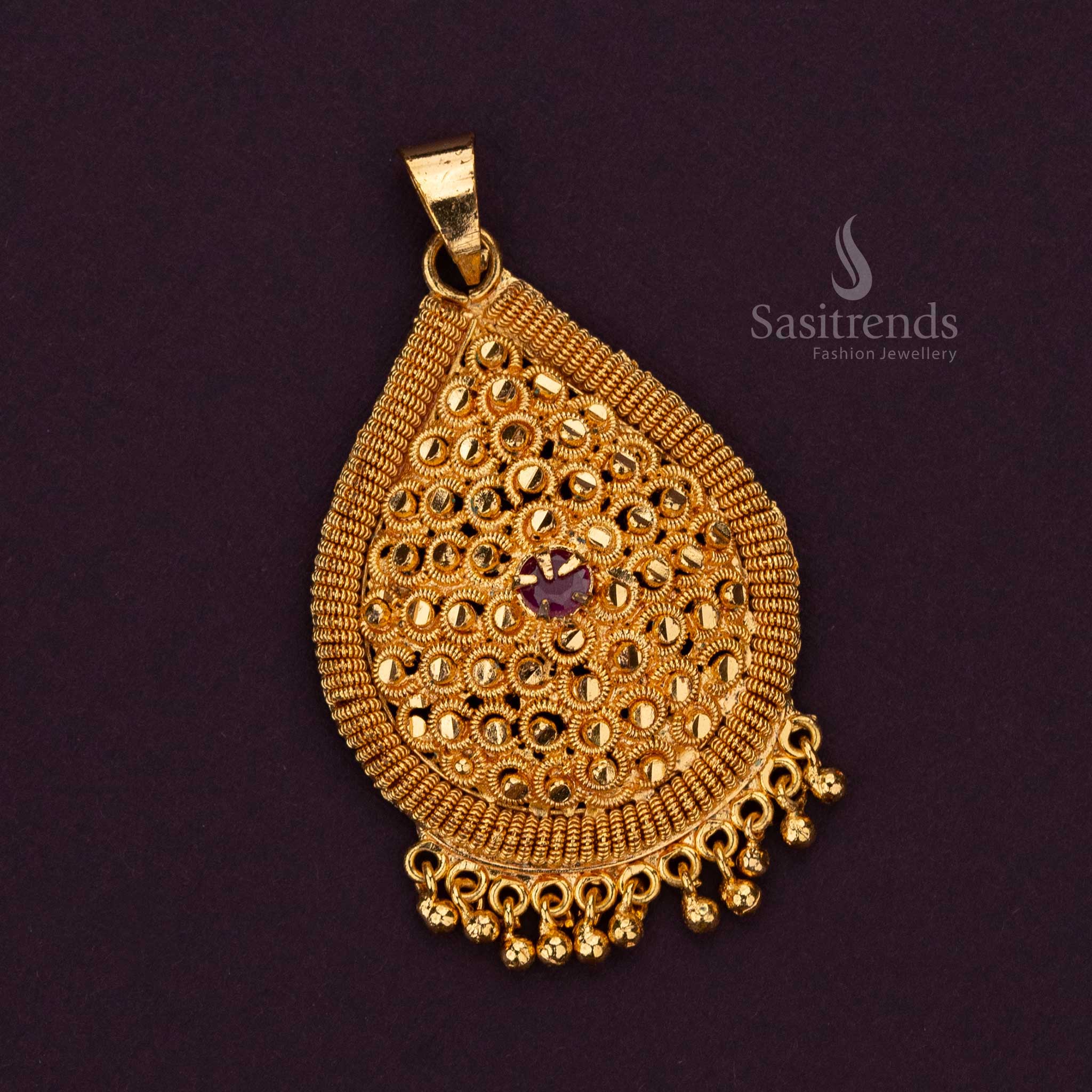 Traditional 1-gram micro gold-plated temple pendant with floral design and gemstone centerpiece - Sasitrends