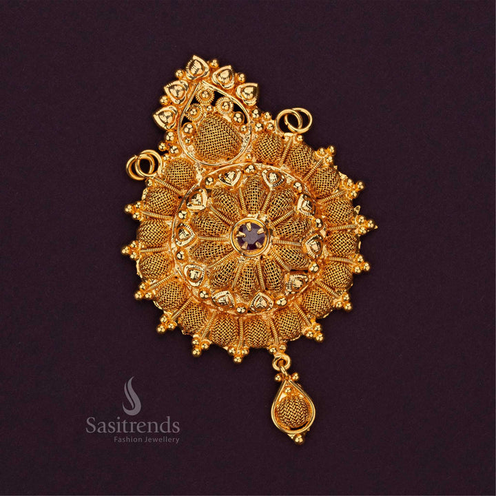 Guaranteed Micro Gold Plated Long Pendant with Intricate Filigree & Gemstone Centerpiece - Sasitrends