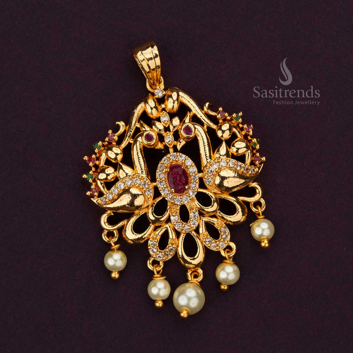 Elegant Peacock Motif Micro Gold Plated Pendant with Pearl Drops - Sasitrends