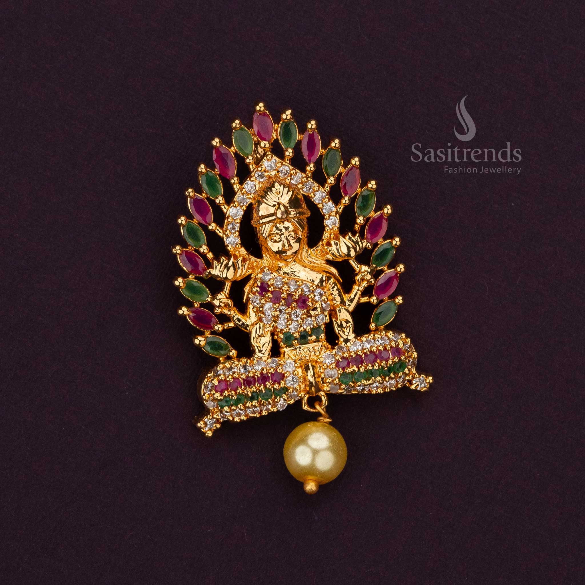 Stunning long Lakshmi pendant adorned with colorful ad stones and pearl drops - Sasitrends