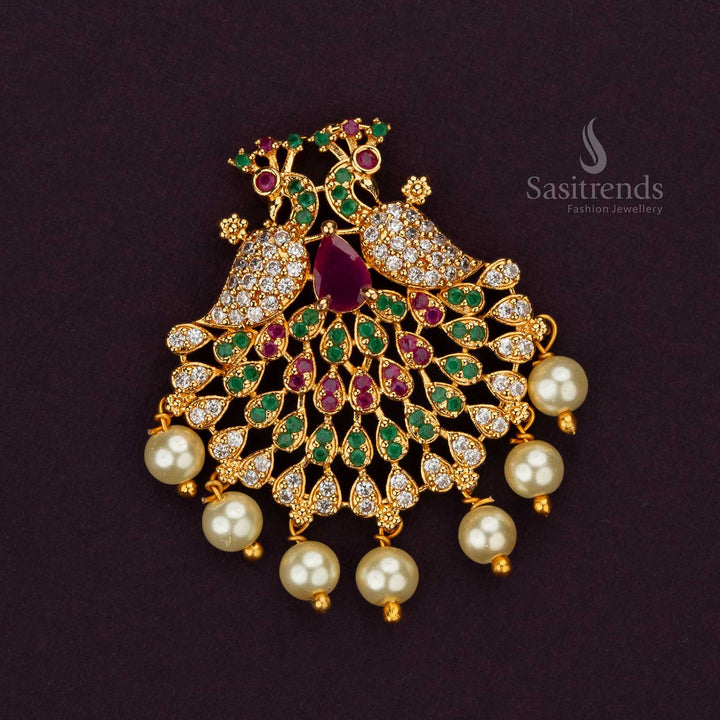 Elegant Micro Gold Plated Peacock Shaped Pendant with American Diamond & Pearls - Sasitrends