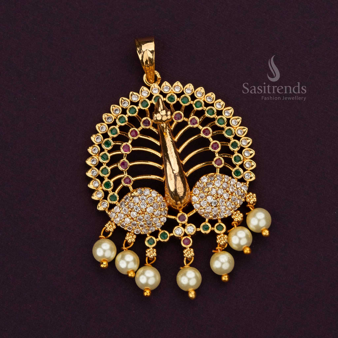 Micro gold plated peacock-themed pendant adorned with ad stones - Sasitrends