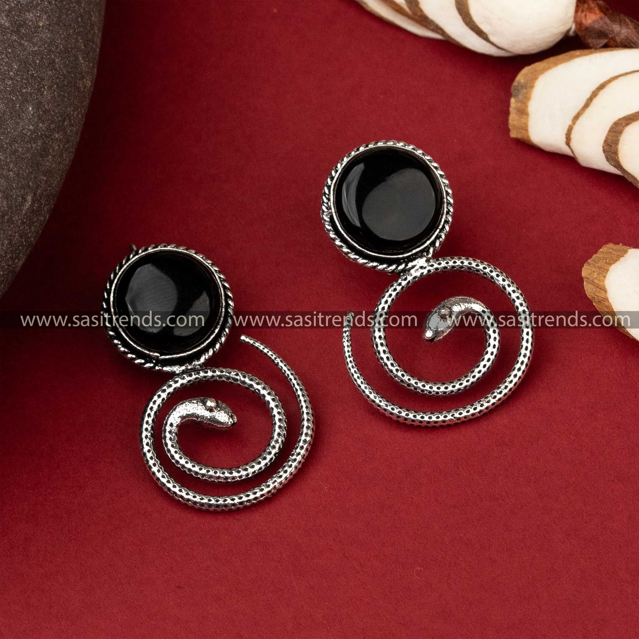 Black Monalisa stone on coiled snake design oxidized earrings