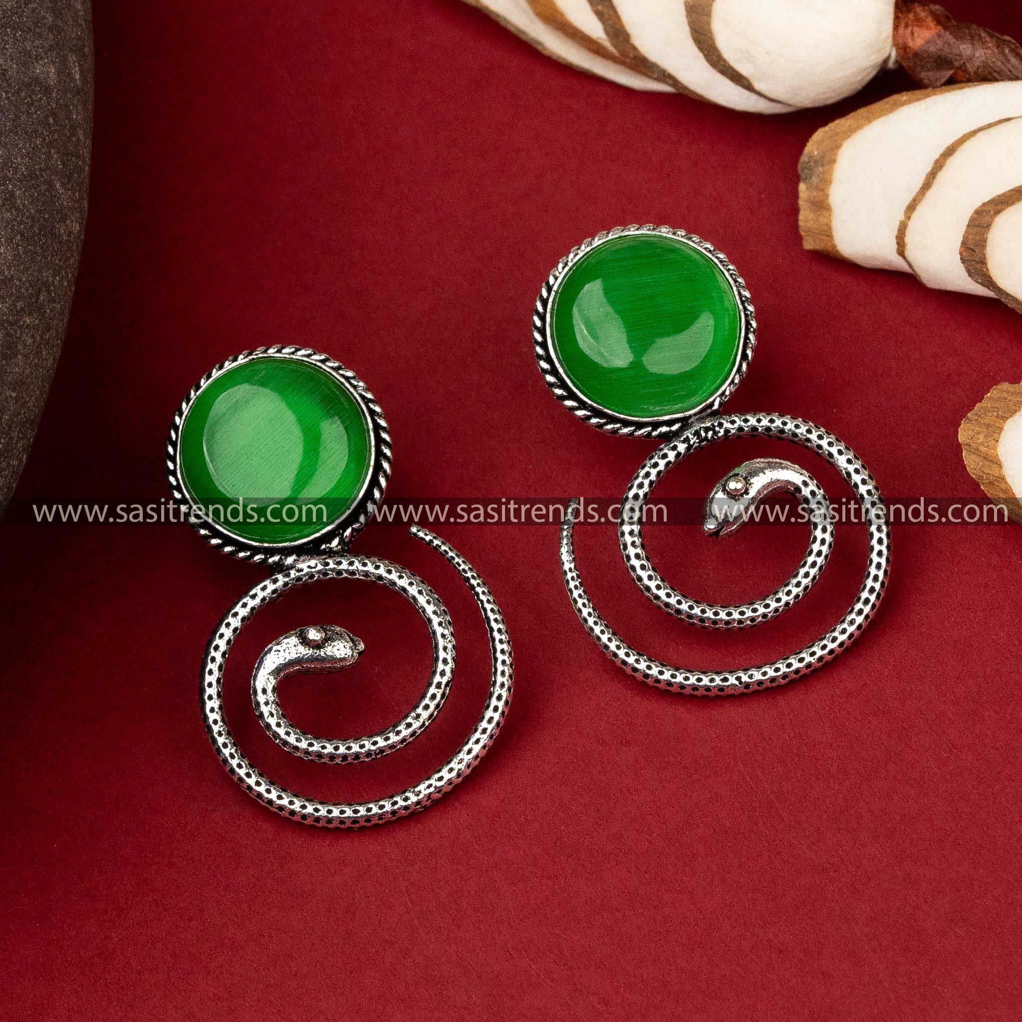 Coiled Snake Design Earrings with Grass Green Monalisa Stone in Oxidised Silver