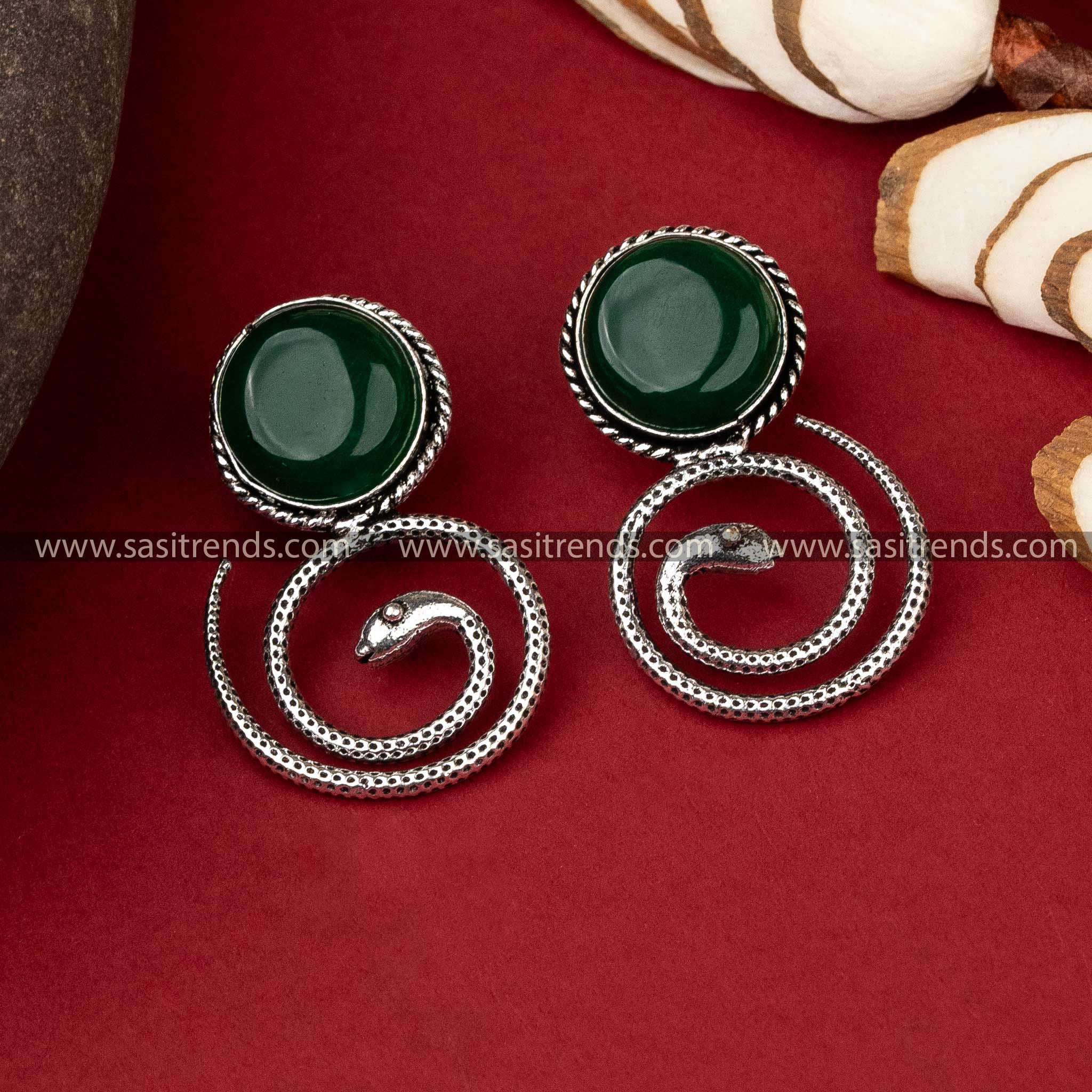 Oxidised silver coiled snake earrings with Dark Green Monalisa stone