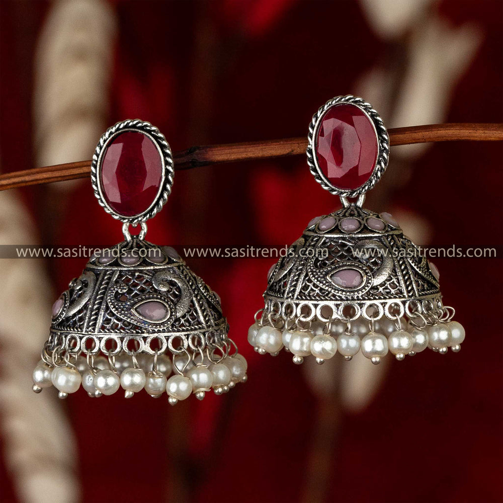 Maroon And Pink Monalisa Stone Oxidised German Silver Jhumka Earrings