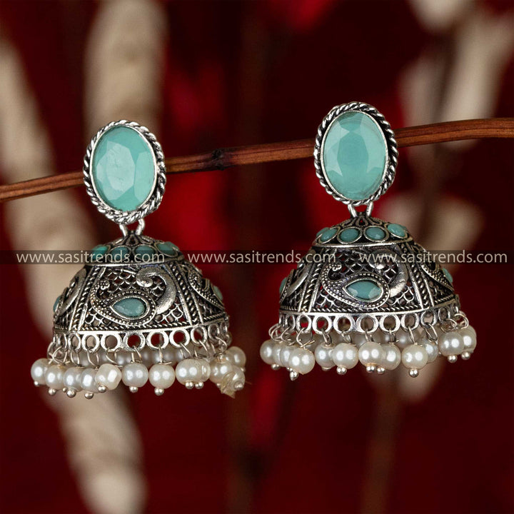 Mint Oxidised German Silver Jhumka Earrings Online Shopping