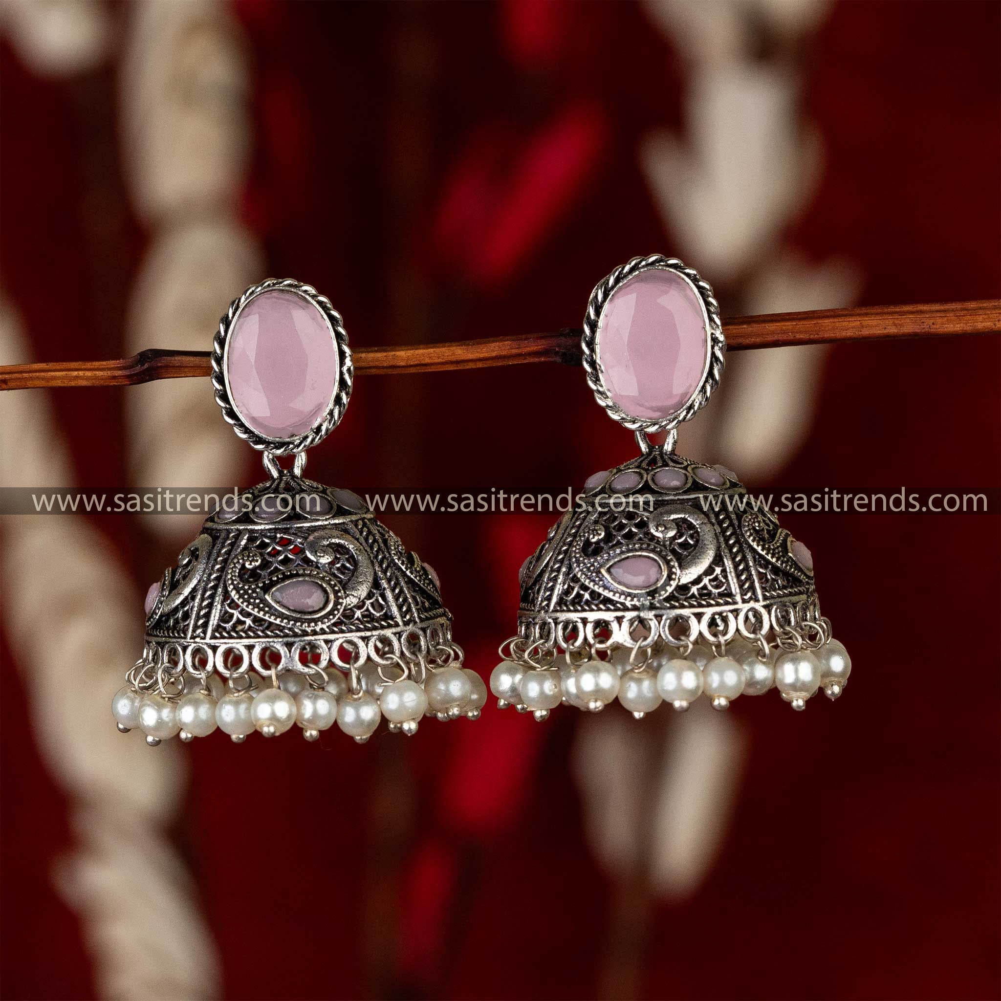 Oxidised Peacock Designer Pink Monalisa Stone Jhumka Earrings Sasitrends