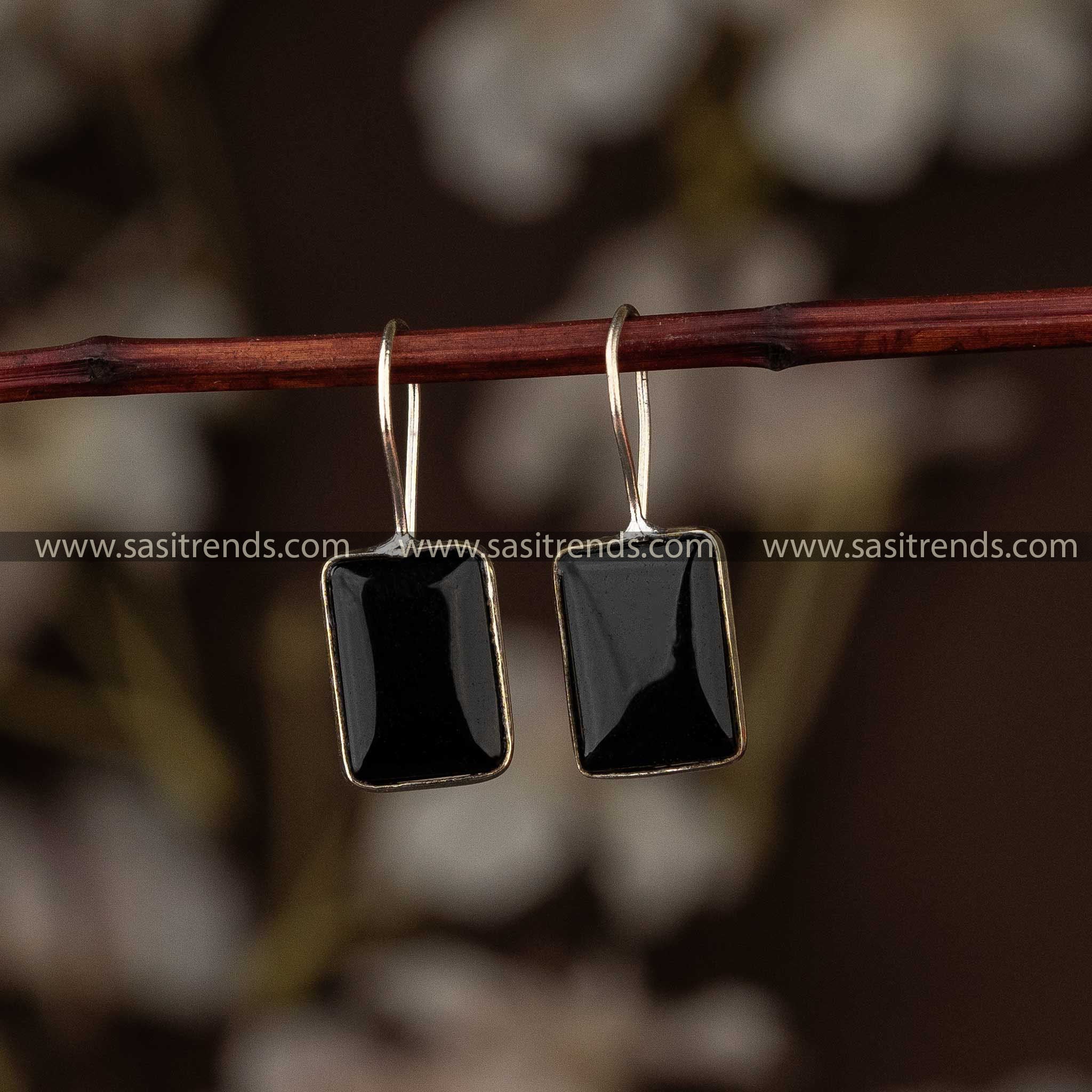 Black Rectangular Stone Stud Latest Oxidised Silver Fish Hook Earrings Sasitrends Online Shopping