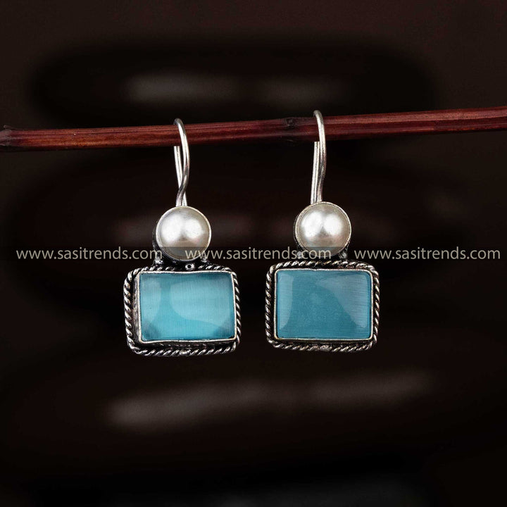 Chic Oxidised Silver Rectangular Stone & Pearl Earrings - Sasitrends