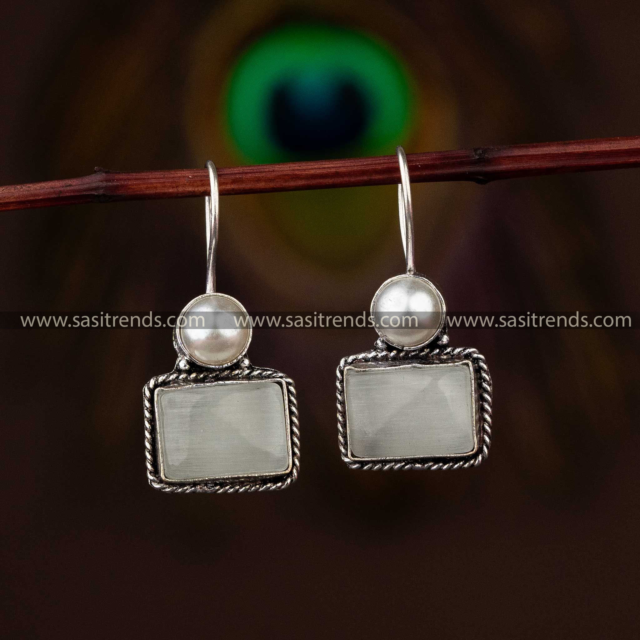 Elegant Light Grey Stone Oxidised Silver Earrings for Special Occasions