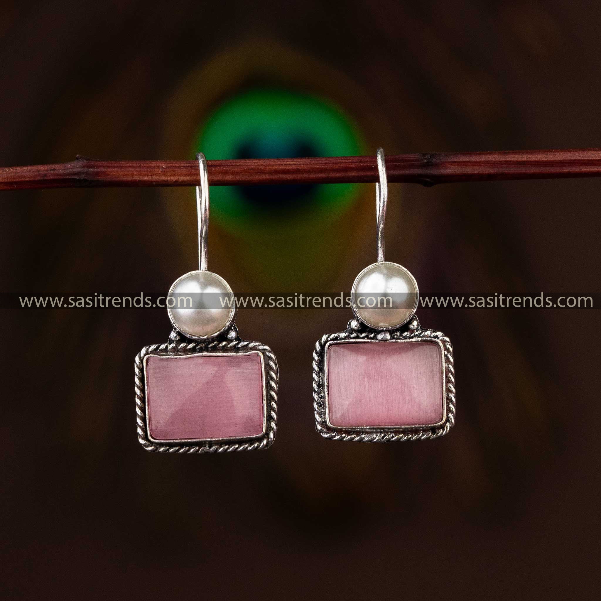 Soft Pink Stone Oxidised Earrings Perfect for Navarathiri and Casual Chic Outfits