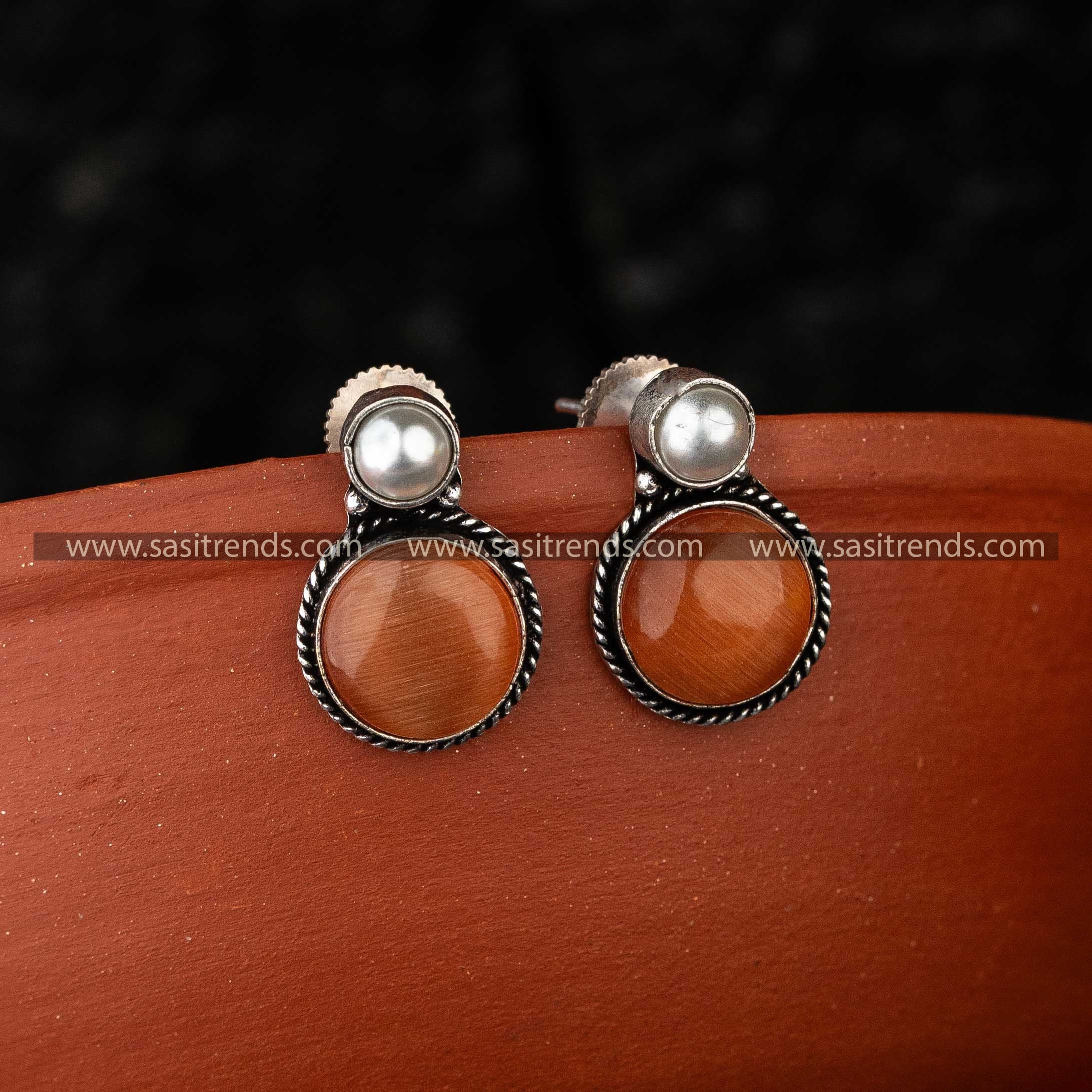 Navarathiri Oxidised Jewellery with Peach Monalisa Stone Earrings