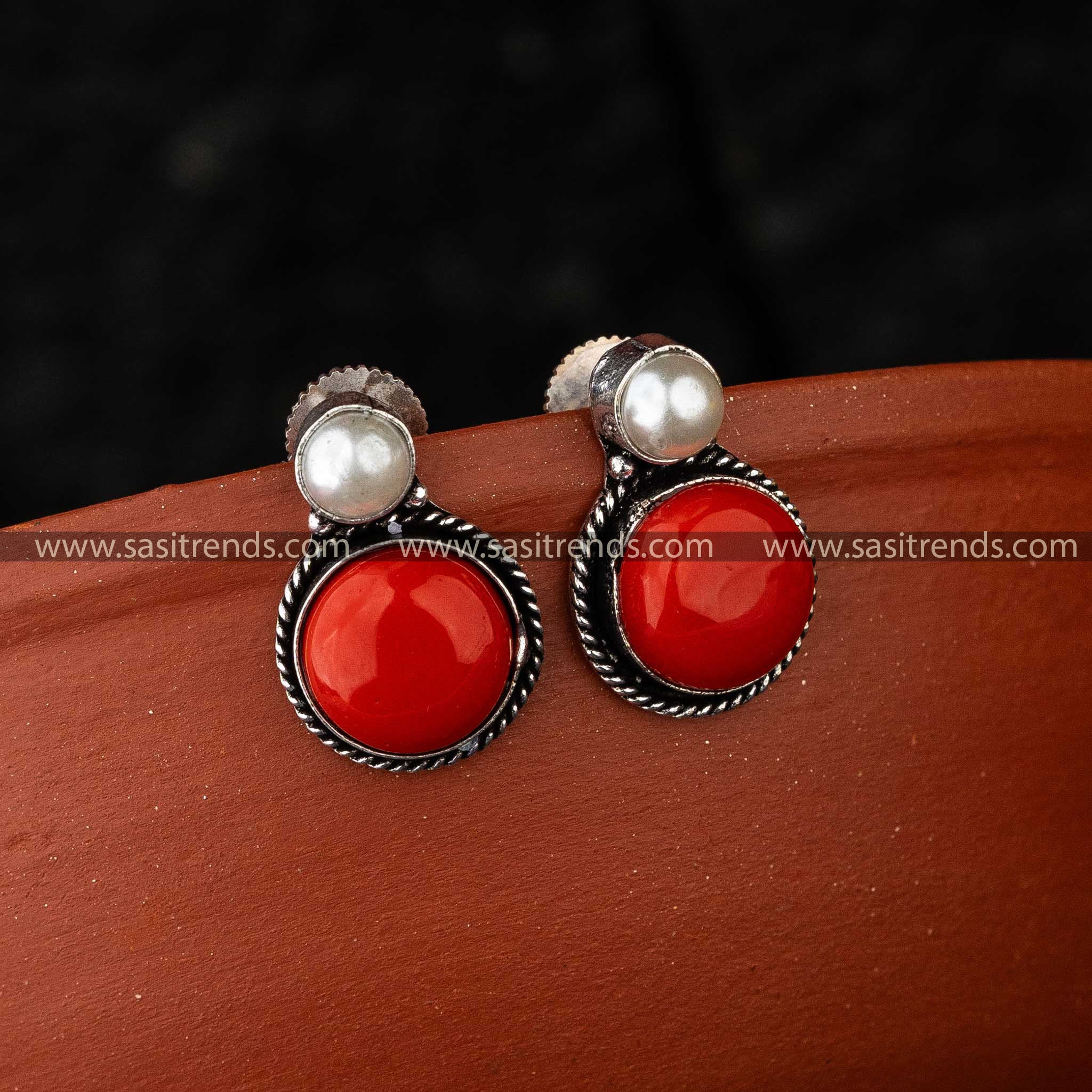 Oxidised Jewellery with Red Stone Earrings for Navarathiri