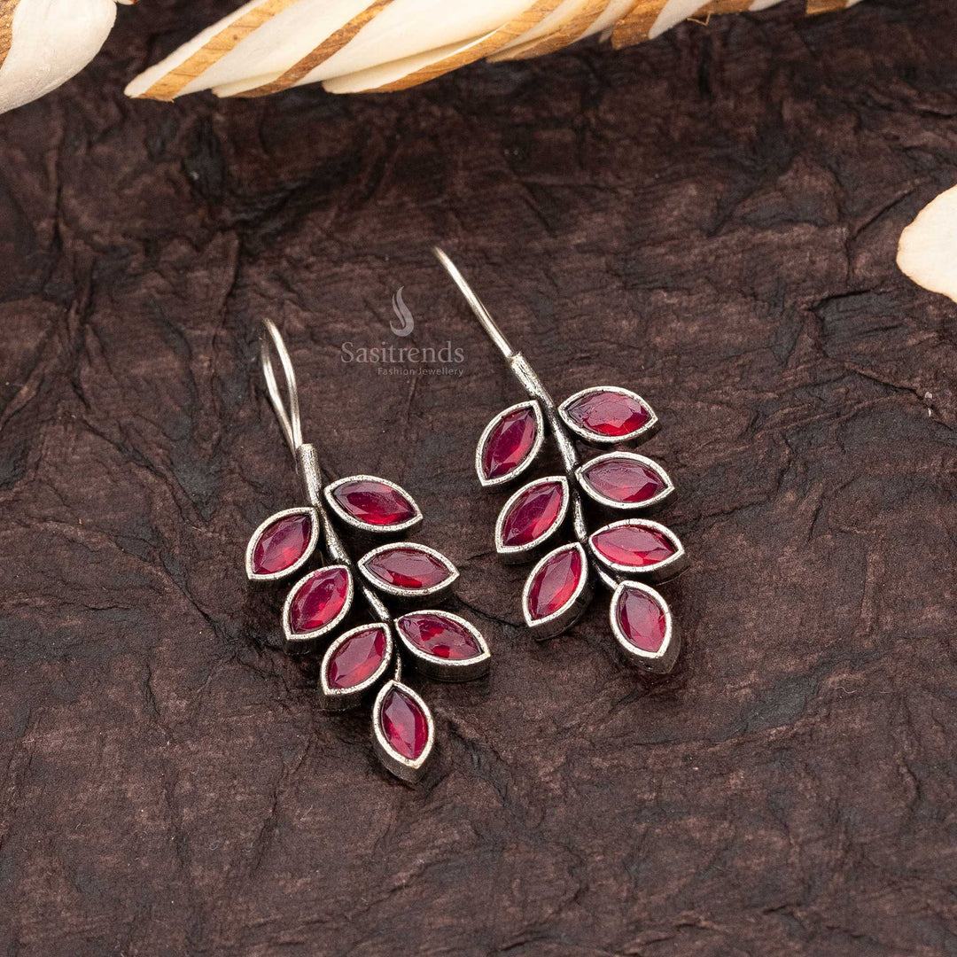 Elegant Ruby Ethnic Oxidised Silver Leaf Pattern Fish Hook Earrings Sasitrends