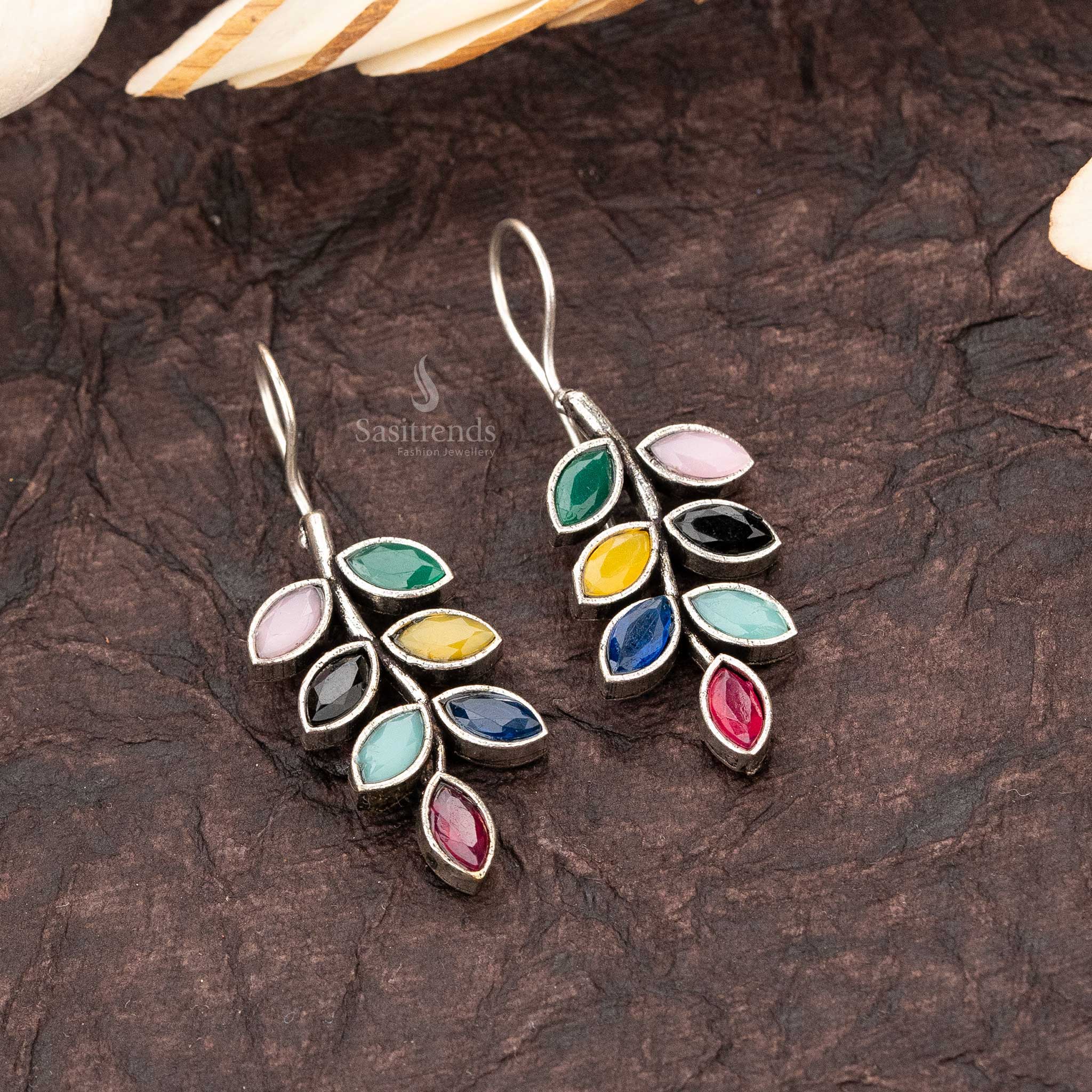 Ethnic Oxidised Silver Leaf Designer Multi Stone Studded Fish Hook Earrings Sasitrends