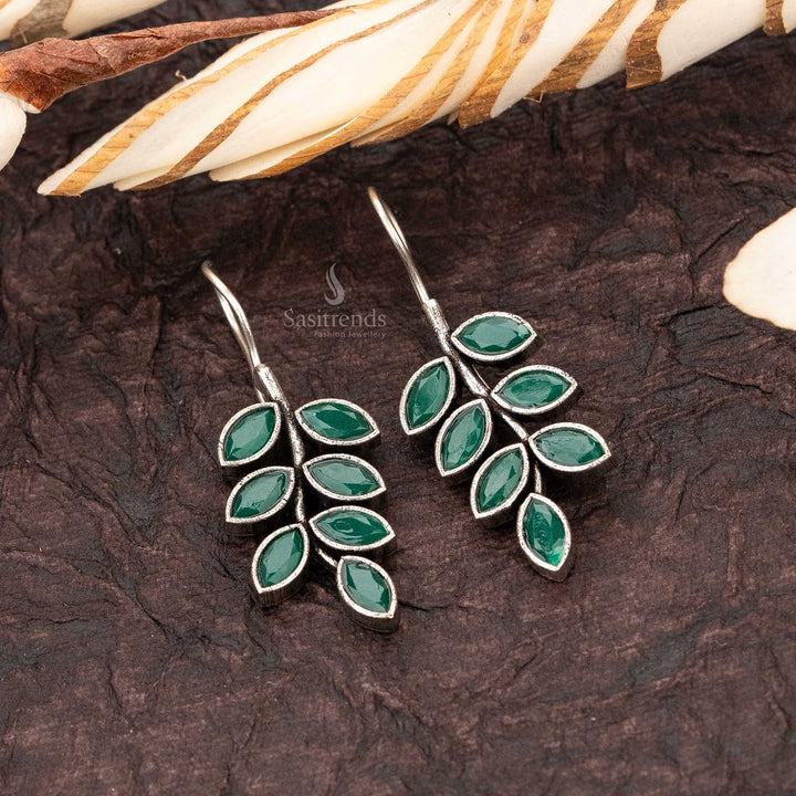 Stylish Green Stone Stud Oxidised Silver Leaf Pattern Fish Hook Earrings Sasitrends