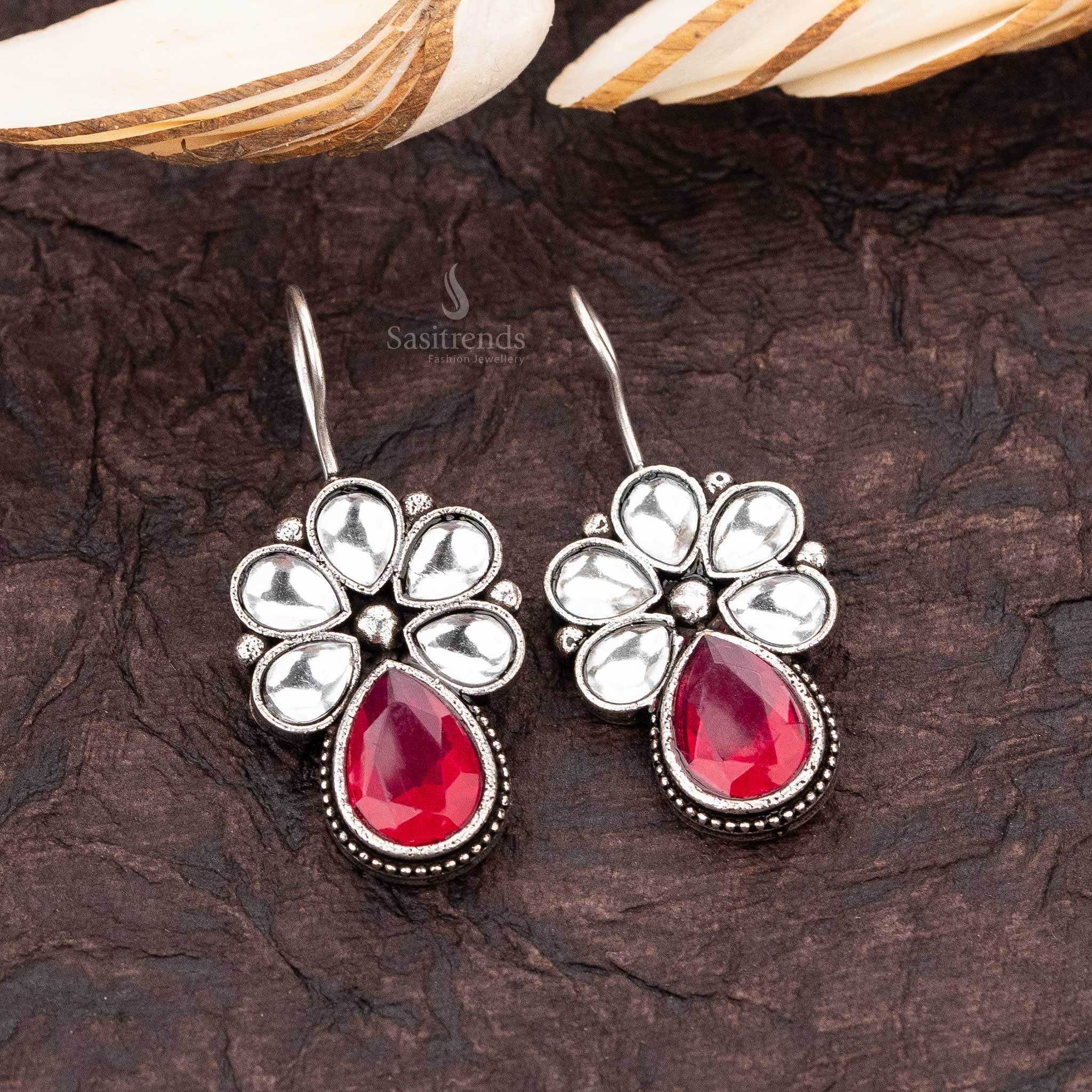 Crimson Passion Floral Office Wear 
Oxidised Teardrop Earrings - Sasitrends