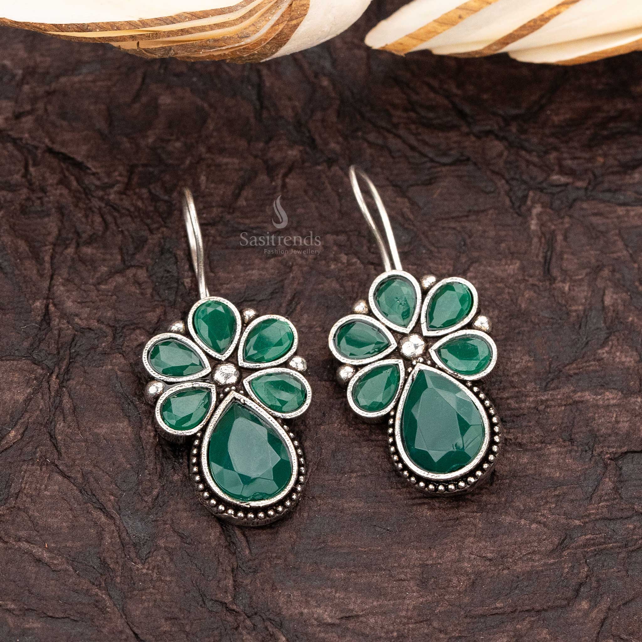 Enchanted Forest Green Oxidised Casual Wear 
Drop Earrings - Sasitrends