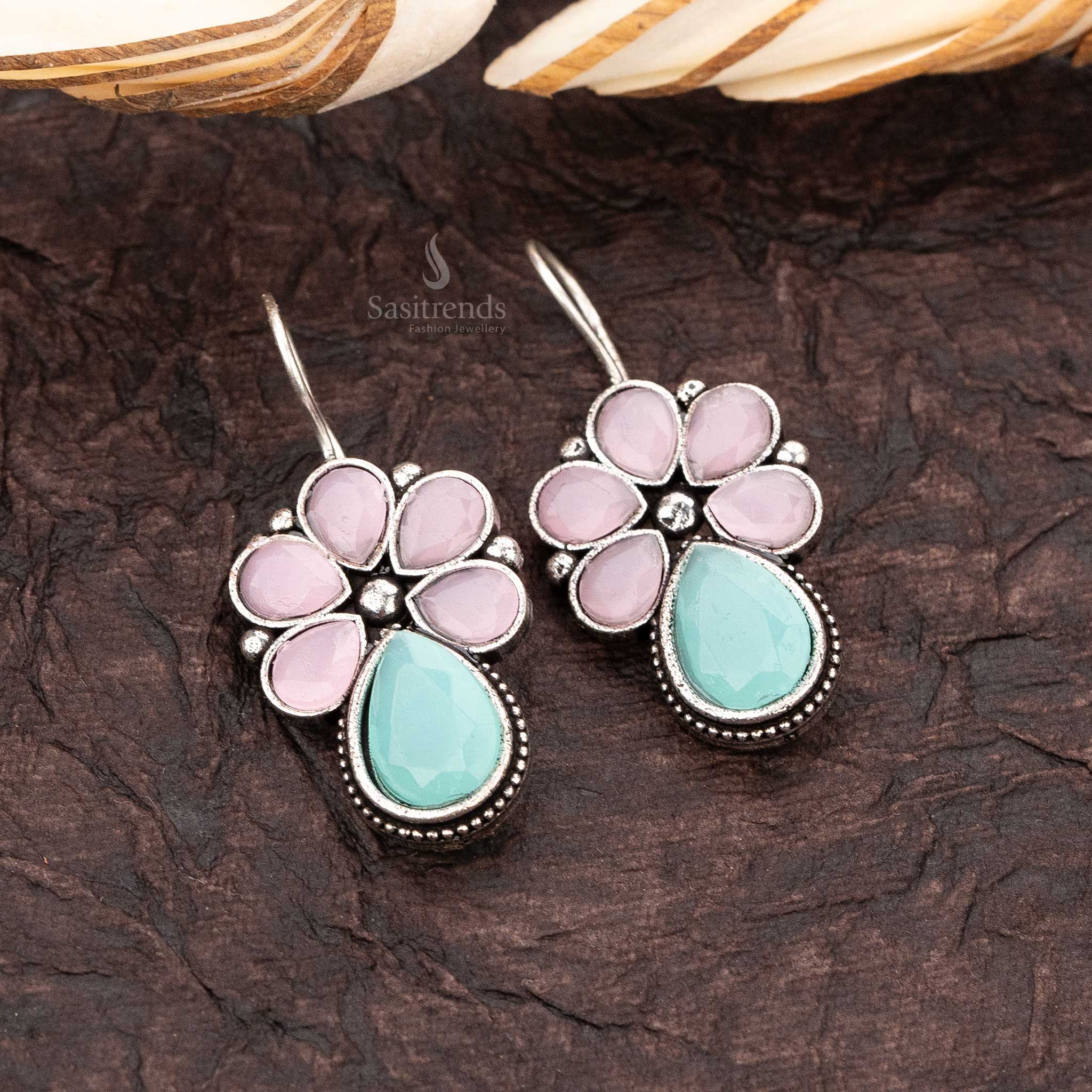 Spring Blossom Pink and Green Fish Hook 
Oxidised Earrings - Sasitrends