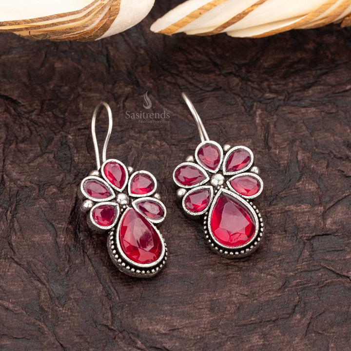 Radiant Ruby Bloom Oxidised Dangler Fish Hook Earrings - Sasitrends
