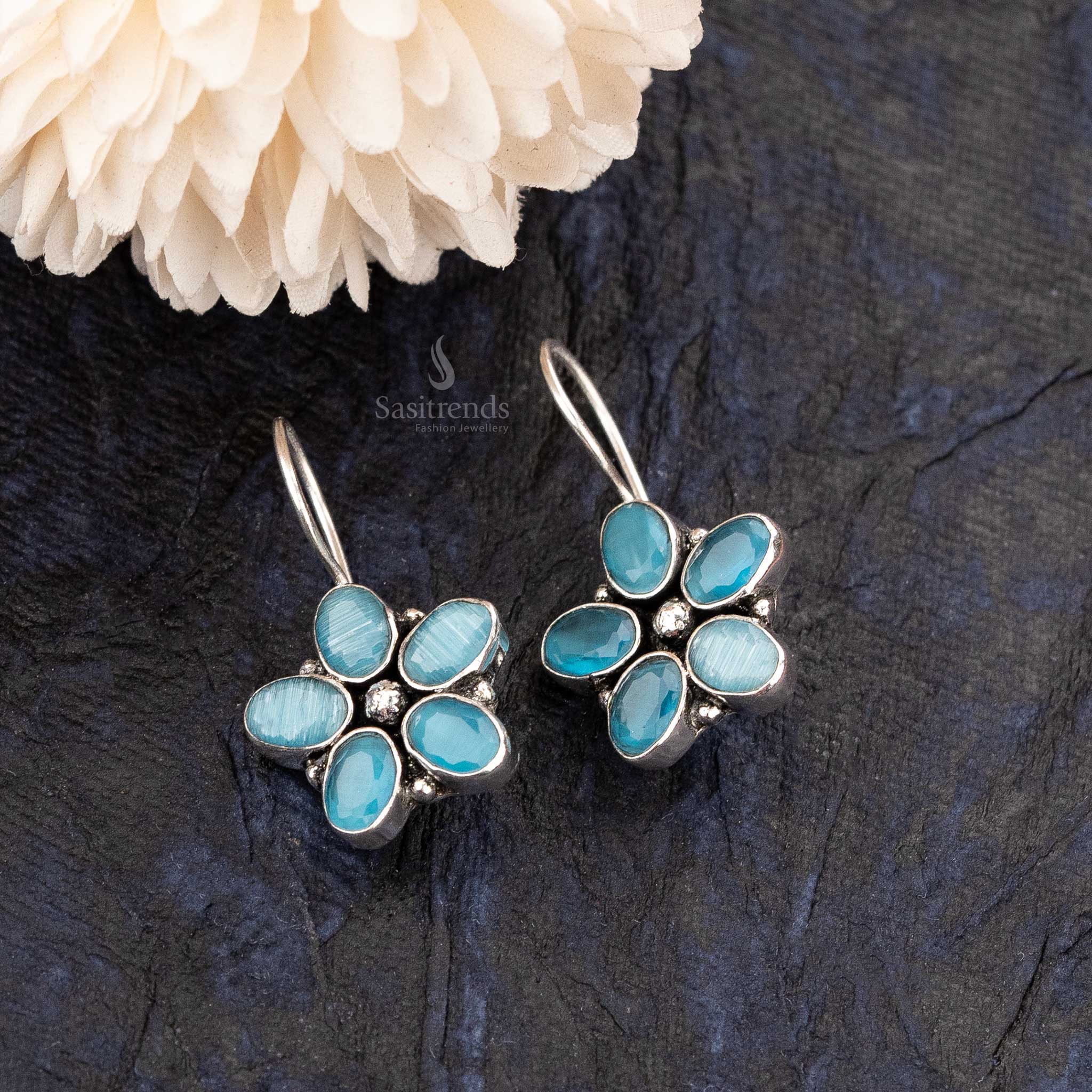 Aqua Dream Oval Floral Oxidised Casual Wear Earrings - Sasitrends