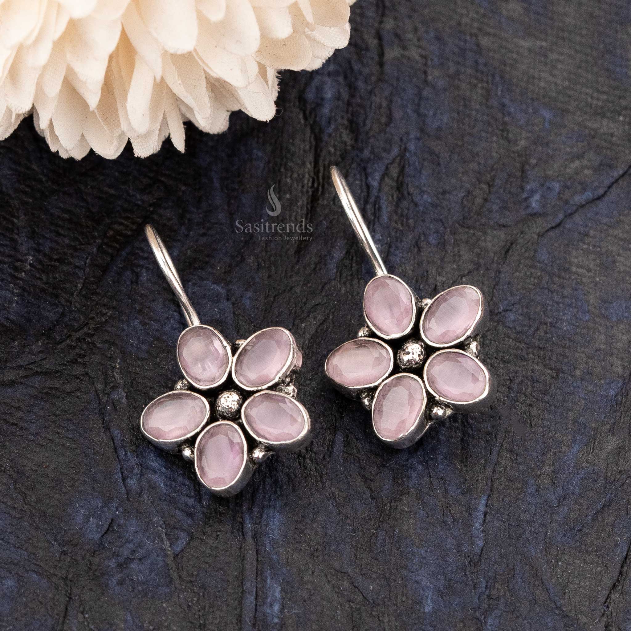 Blushing Petals Pink Oval Oxidised Fish Hook Earrings - Sasitrends