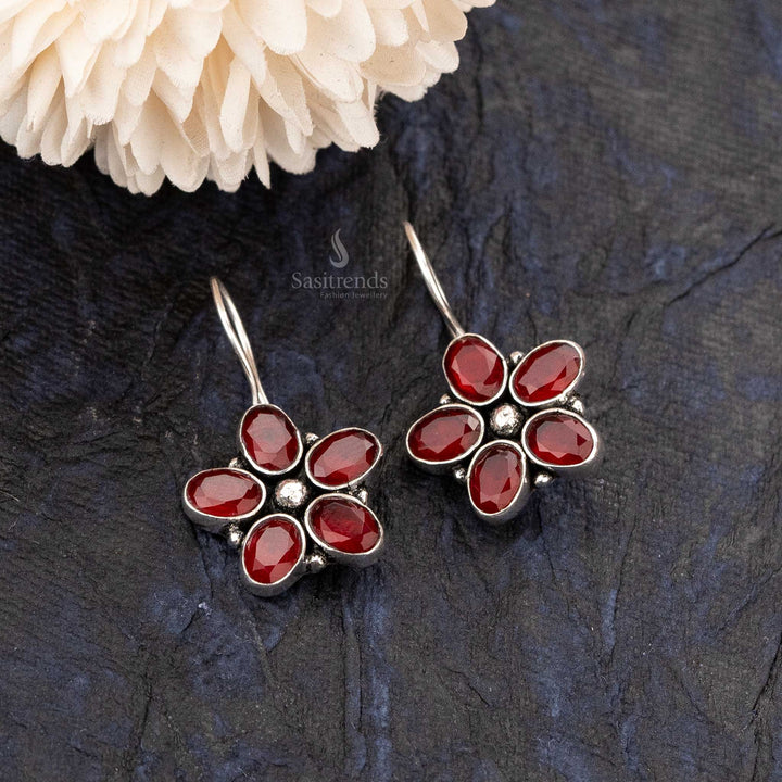 Crimson Charm Oval Floral Oxidised  Office Wear Earrings - Sasitrends