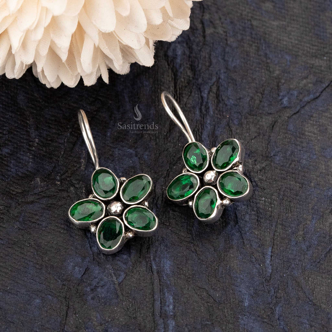 Emerald Delight Floral Oval Oxidised Trendy Earrings - Sasitrends