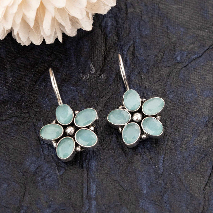 Minty Fresh Floral Oval Navarathiri Oxidised Earrings - Sasitrends