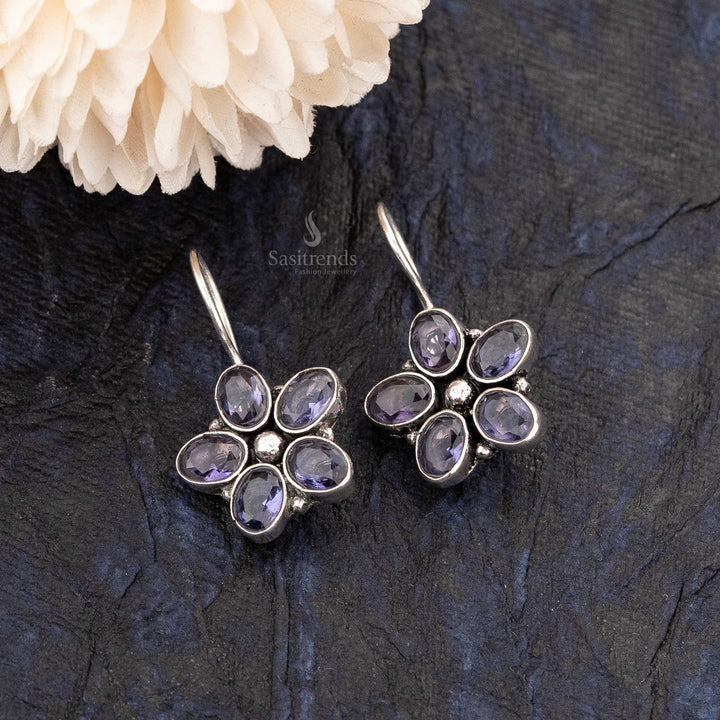 Whispering Lilac Floral Oval Casual Wear Oxidised Earrings - Sasitrends