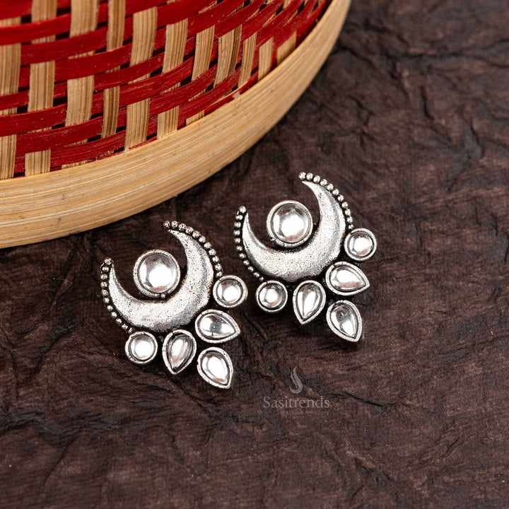 Elegant Crescent-Shaped Oxidised Trendy Earrings with Teardrop Stones - Sasitrends