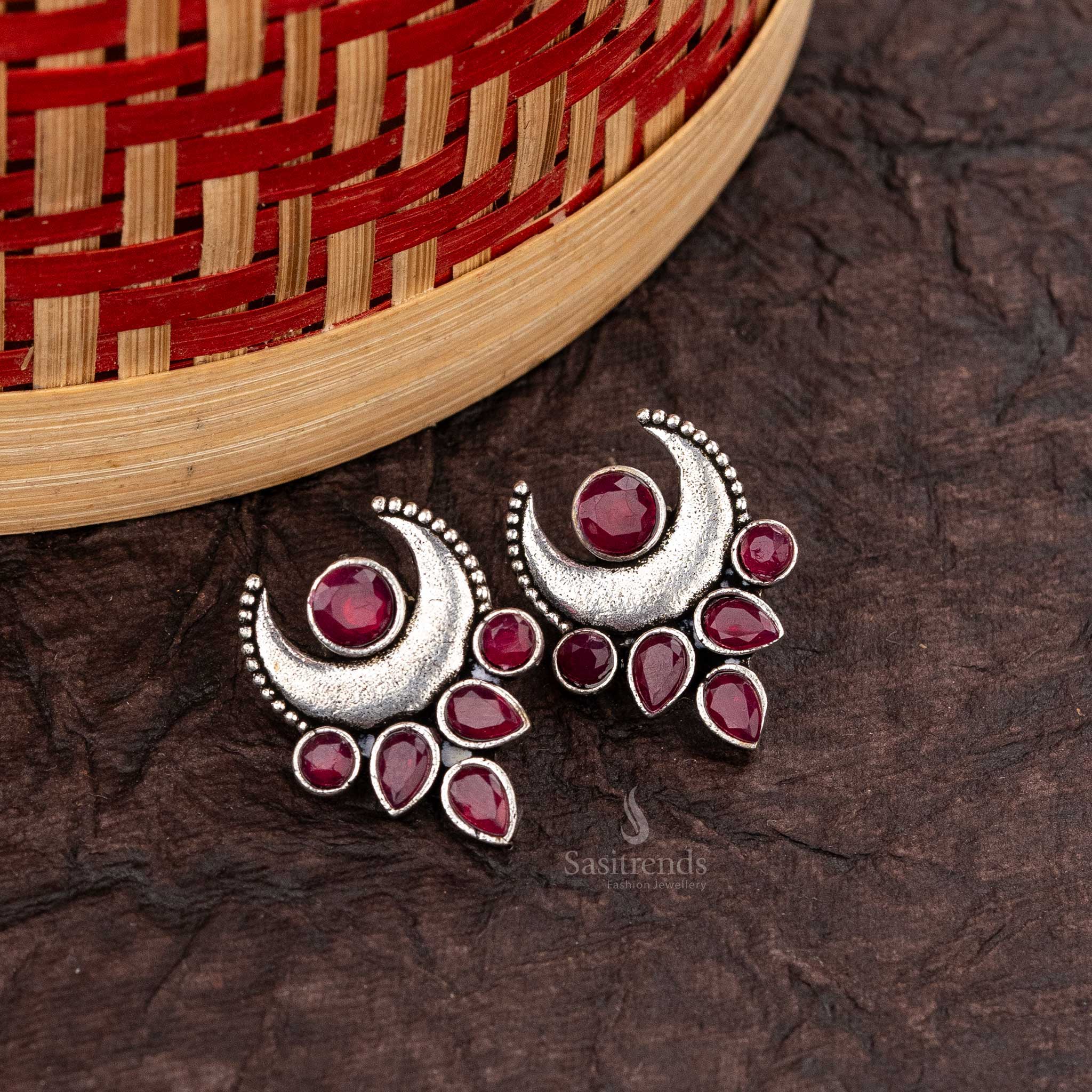 Maroon Crescent-Shaped Ruby Oxidised Earrings with Tear Drop Accents - Sasitrends