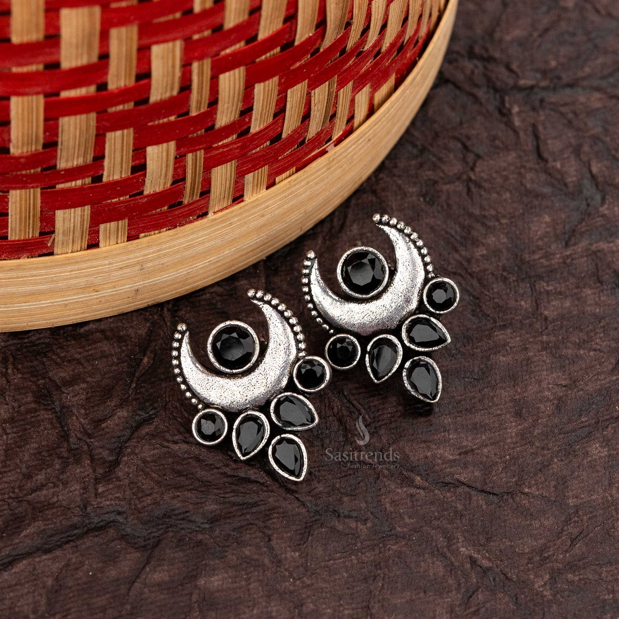 Jet Black Crescent-Shaped Oxidised Fish Hook Earrings with Tear Drop Stones - Sasitrends